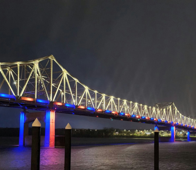 Murray-Baker bridge in Peoria County, Ill., is lit up in red, blue and gold to celebrate NCGM.