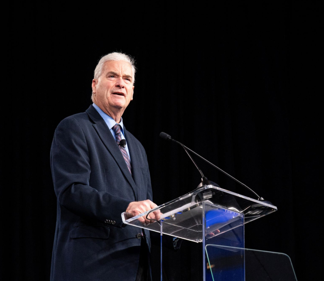 House Majority Whip Tom Emmer (R-Minn.) discusses bipartisanship during his speech to NACo members at the Feb. 23 General Session. Photo by Denny Henry