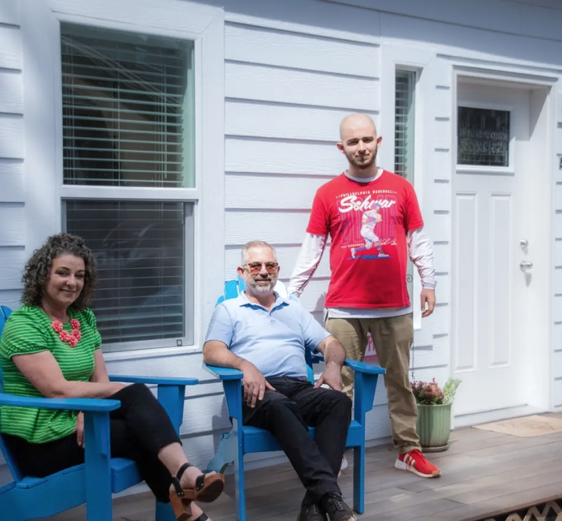 Gabrielle, Todd and Jacob Kuchta pause for a photo on the front porch of Jacob's new home, made possible by Napa County's Affordable ADU forgivable loan program. Photo by Villa/Nicholas Miller