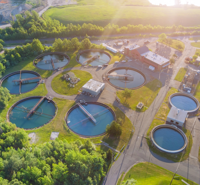 Aerial view of drinking water treatment plants for big city from water management