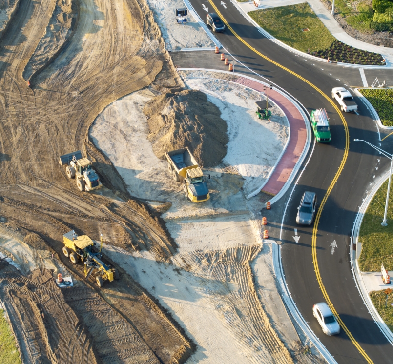 Aerial view of busy American highway road under construction