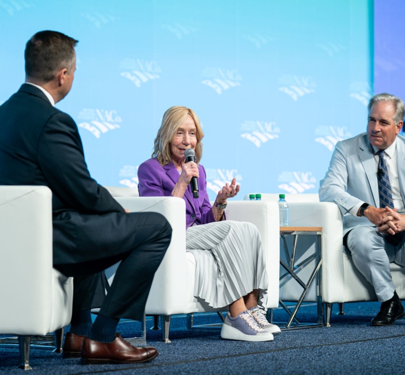 Historians Doris Kearns Goodwin and Doug Bradburn discuss leadership July 12 with NACo First Vice President J.D. Clark, the Wise County, Texas judge at the Opening General Session. Photo by Denny Henry