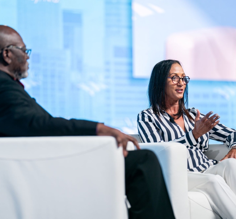 Leslie Boissiere, of the Annie E. Casey Foundation, talks about her organization’s support of youth-centered services with Second Vice President George Dunlap during the Closing General Session July 13. Photo by Denny Henry