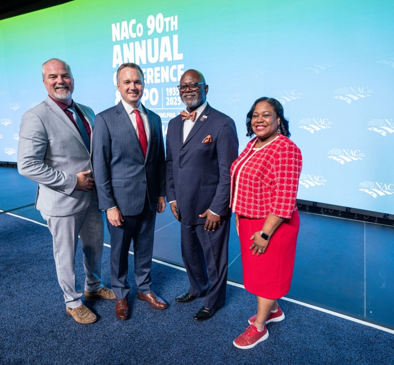 NACo's 2025-2026 officers: Immediate Past President James Gore, President J.D. Clark, First Vice President George Dunlap and Second Vice President Alisha Bell. Photo by Denny Henry