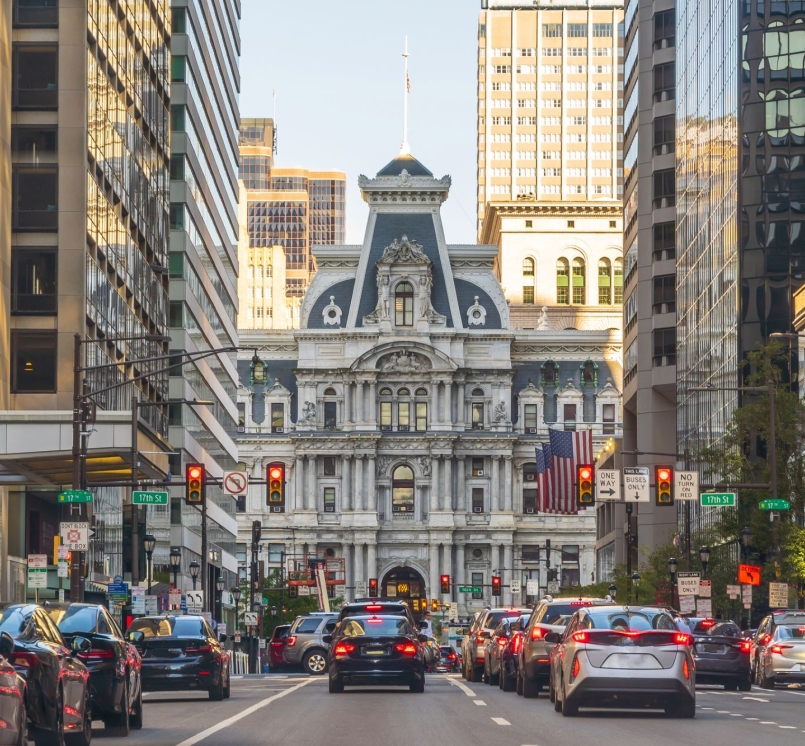 The western facade of Philadelphia's City Hall looks onto Market Street.