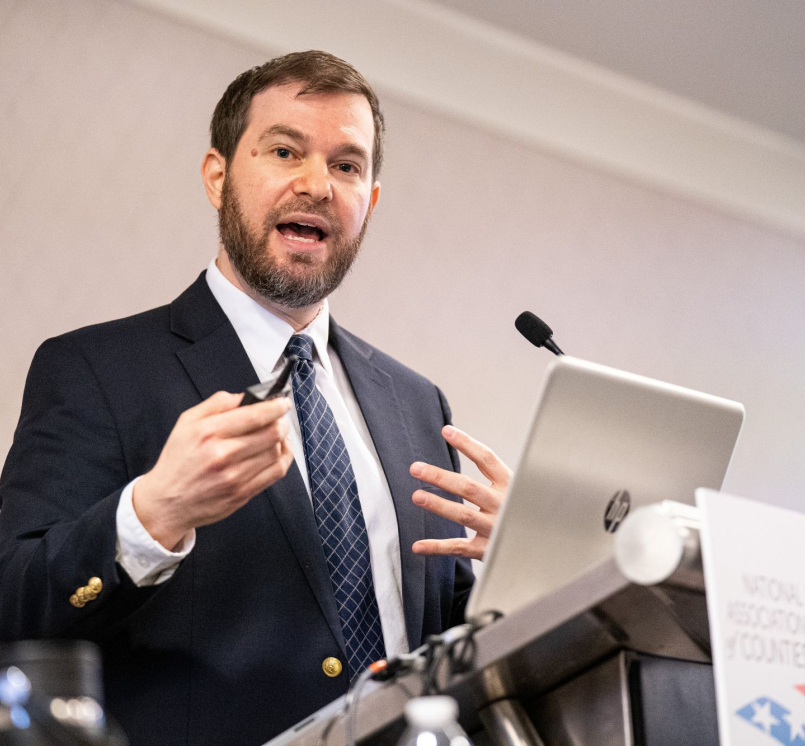 Matthew Vigeant addresses the Justice and Public Safety Policy Steering Committee Feb. 21. Photo by Denny Henry