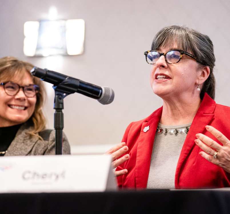 Cheryl Subler, executive director of the County Commissioners Association of Ohio, implores counties to be proactive in telling their legislators how state-led property tax reform can threaten county revenues and services. Florida Association of Counties Executive Director Ginger Delegal is to her right. Photo by Denny Henry