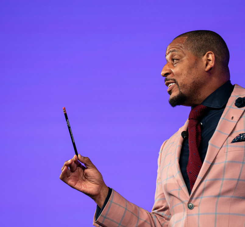 U.S. Army Master Sgt. Cedric King tells the Opening General Session audience to "embrace the sharpener," and lean into the challenges that will help them discover their resilience. Photo by Denny Henry