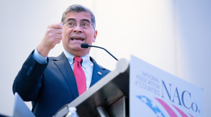 HHS Sec. Xavier Becerra makes a point Sunday while speaking to members of NACo’s Large Urban County Caucus at the NACo Legislative Conference. Photo by Denny Henry