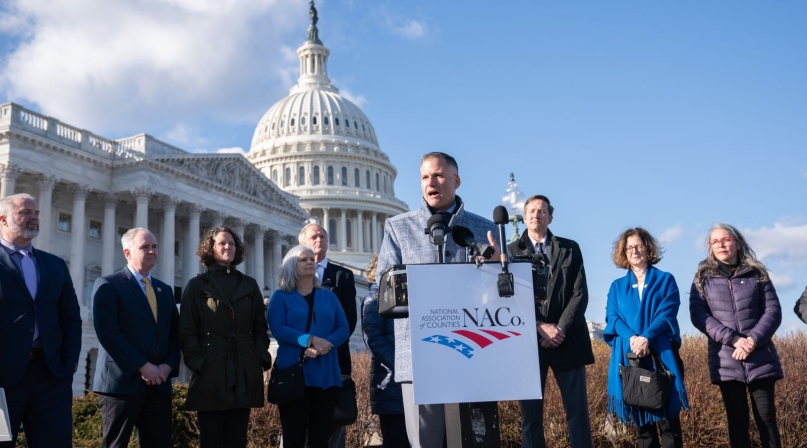 Rep. Marc Molinaro (R-N.Y.) speaks in support of an extension of the Affordable Connectivity Program Tuesday at a Capitol Hill press conference. Fellow members of Congress and county officials also took turns speaking at the rally. Photo by Denny Henry