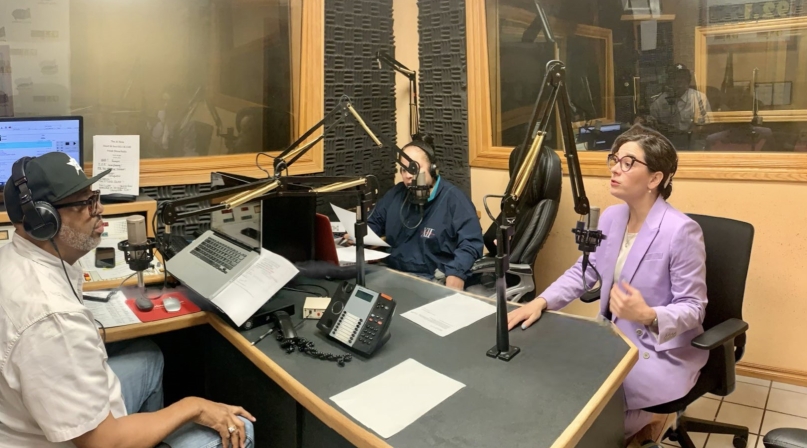 Oklahoma County, Okla. Commissioner Carrie Blumert (right) speaks with Oklahoma Heart and Soul radio hosts Launa West and Terry Monday about the location and construction of the new county jail in 2023.