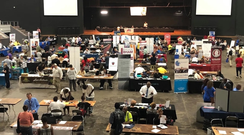 Employers spread out on the floor of the 2023 Jefferson County, Ala. Second Chance Hiring Fair.