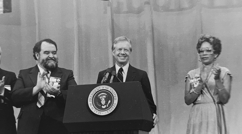 Frank Francois, NACo  first vice president and Charlotte Williams, NACo president, welcome President Jimmy Carter to the 1979 NACo Annual Conference in Jackson County, Mo. County News file photo
