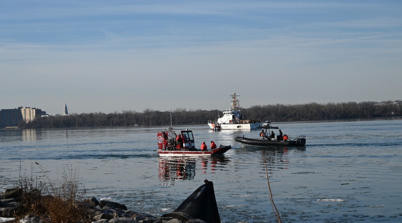 Prince George’s County, Md. Air Boat 847 roams the Potomac River in the aftermath of the fatal Jan. 29 mid-air crash between a passenger jet and a military helicopter.