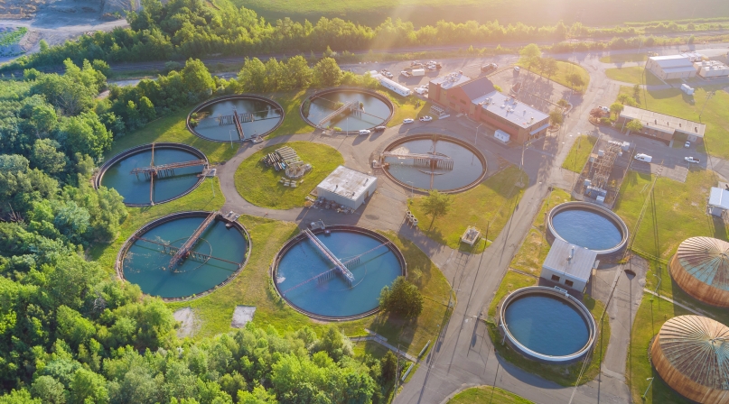 Aerial view of drinking water treatment plants for big city from water management