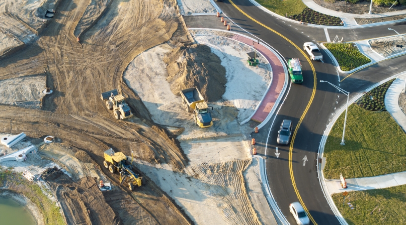 Aerial view of busy American highway road under construction