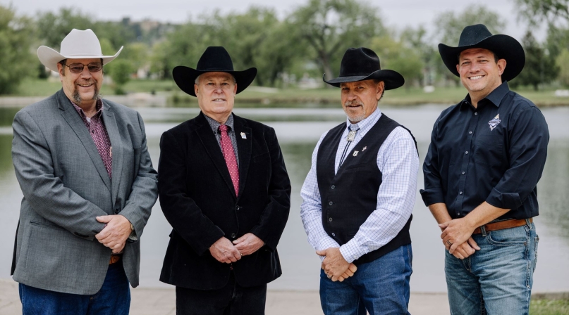 The Western Interstate Region Executive Committee meets for the first time in 2025 during the WIR Conference in Pennington County, S.D.. From left: Immediate Past President John Espy, Carbon County, Wyo.; President John Peters, Mono County, Calif.; Dwayne McFall, Fremont County, Colo. and Second Vice President Derrick DeGroot, Klamath County, Ore. Photo by Rebecca DeWitt