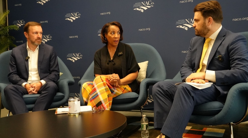 (L-r): Sen. Chris Murphy (D-Conn.), Loudoun County, Va. Chair Phyllis Randall and NACo Chief Government Affairs Officer Mark Ritacco talk about challenges and solutions to social isolation. Photo by Nicole Weissman