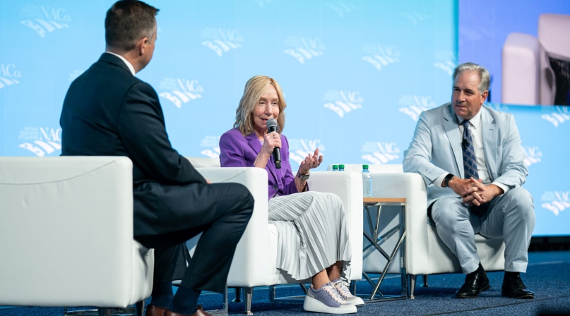 Historians Doris Kearns Goodwin and Doug Bradburn discuss leadership July 12 with NACo First Vice President J.D. Clark, the Wise County, Texas judge at the Opening General Session. Photo by Denny Henry