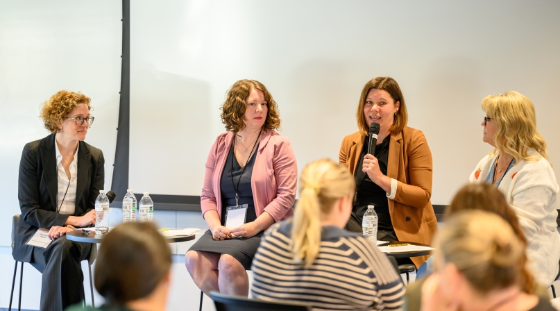 MidTown Cleveland’s Ashley Shaw describes childcare challenges Oct. 1. From left: Caroline Taich, Kara Porter, Shaw and Melissa Altman. Photo courtesy of Cuyahoga County, Ohio