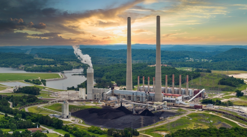 Thermal power plant burning coal fossil fuel for production of electrical energy. Kingston power station in Roane County, Tennessee