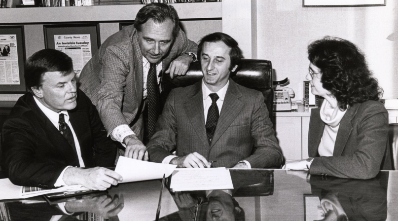 NACo Executive Director Bernie Hillenbrand  (second from left) advises President Bill Murphy, flanked by Jackson County, Mo. Legislator Archie McGee and Merced County, Calif. Supervisor Ann Klinger. 