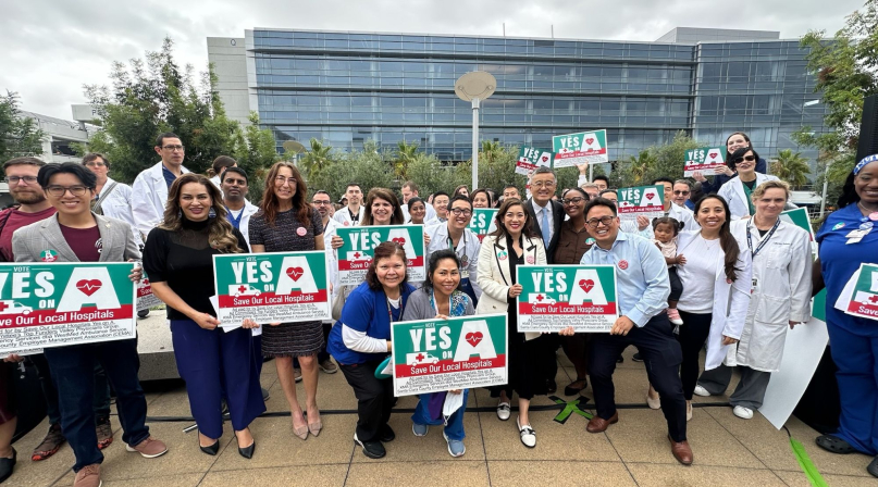 Local leaders and healthcare workers rally for sales tax increase to cover healthcare costs in Santa Clara County, Calif.