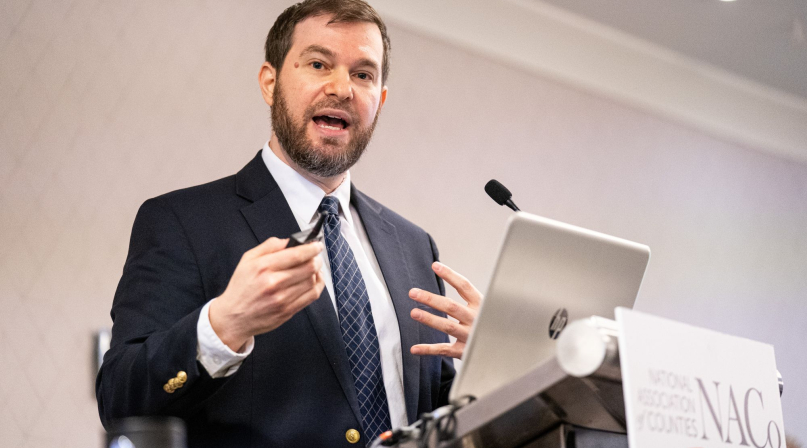 Matthew Vigeant addresses the Justice and Public Safety Policy Steering Committee Feb. 21. Photo by Denny Henry