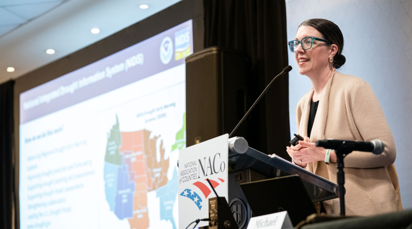 NOAA’s Elizabeth Ossowski discusses the National Integrated Drought Information System Feb. 21 with members of the NACo Environment, Energy and Land Use Policy Steering Committee. Photo by Denny Henry