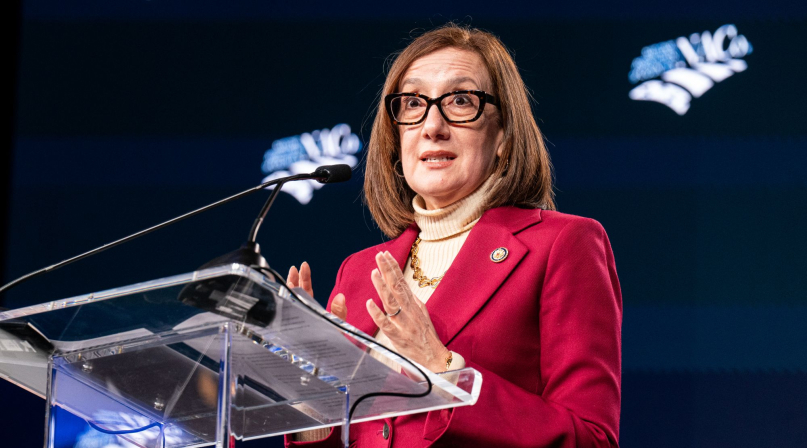 U.S. Rep. Andrea Salinas (D-Ore.), a co-chair of the Congressional Bipartisan Mental Health Caucus, discusses legislation Feb. 23 at the General Session that could help alleviate unmet mental health needs often shouldered by counties. Photo by Denny Henry