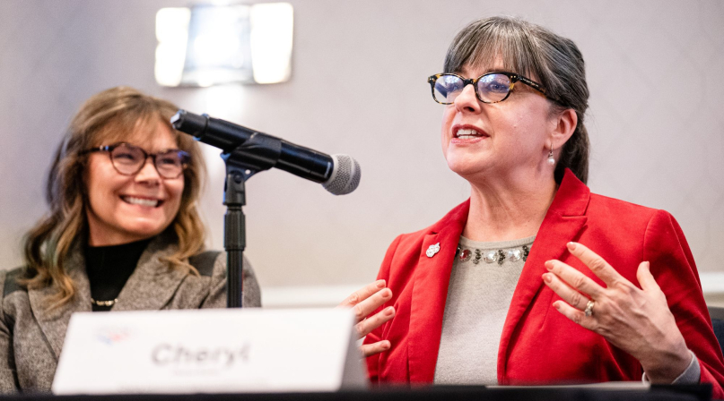 Cheryl Subler, executive director of the County Commissioners Association of Ohio, implores counties to be proactive in telling their legislators how state-led property tax reform can threaten county revenues and services. Florida Association of Counties Executive Director Ginger Delegal is to her right. Photo by Denny Henry