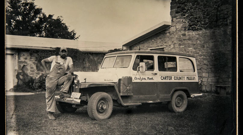 Curator Nathan Carroll poses with the Carter County Museum’s field vehicle, purchased in the 1960s.