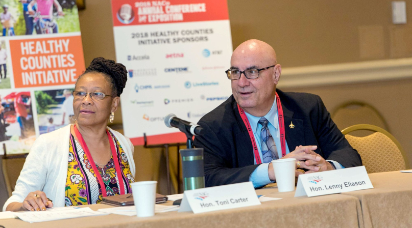 Athens County, Ohio Commissioner Lenny Eliason and Ramsey County, Minn. Commissioner Toni Carter prepare for the Healthy Counties Innovation Council meeting during the 2019 Annual Conference in Davidson County, Tenn. Photo by Jessica Yurinko