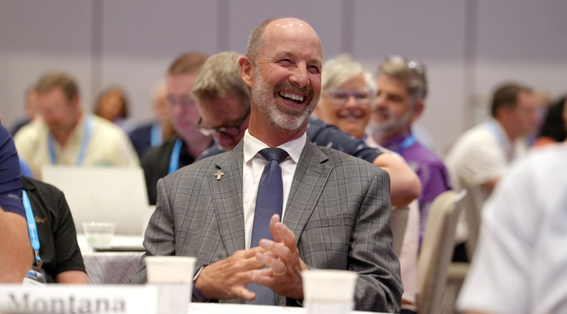 Ravalli County, Mont. Commissioner Greg Chilcott reacts to a testimonial by Klamath County, Ore. Commissioner Derrick DeGroot during Chilcott’s final WIR Conference. Photo by Charlie Ban