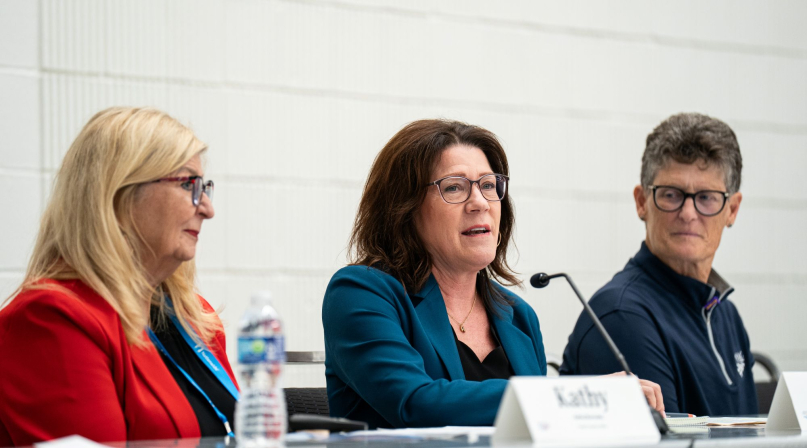 Tracy Peters, HR director and assistant county administrator in Cass County, N. D., makes a point during a panel discussion about recruitment, flanked by fellow panelists (left) Kathy Burrows, HR director for Tulsa County, Okla. and Boone County, Mo. Commissioner Janet Thompson. Photo by Denny Henry