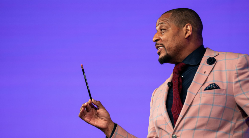 U.S. Army Master Sgt. Cedric King tells the Opening General Session audience to "embrace the sharpener," and lean into the challenges that will help them discover their resilience. Photo by Denny Henry