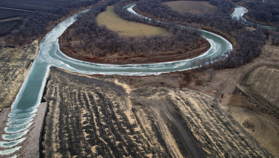 A diversion outlet returns floodwaters to the Red River in northern Cass County, N.D. A diversion channel carries floodwater west of Fargo and other Cass County areas. Photo courtesy of the Army Corps of Engineers