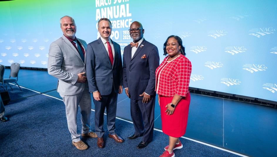 NACo's 2025-2026 officers: Immediate Past President James Gore, President J.D. Clark, First Vice President George Dunlap and Second Vice President Alisha Bell. Photo by Denny Henry
