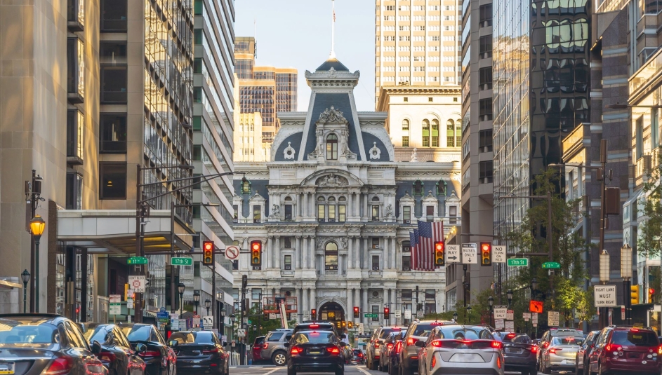 The western facade of Philadelphia's City Hall looks onto Market Street.