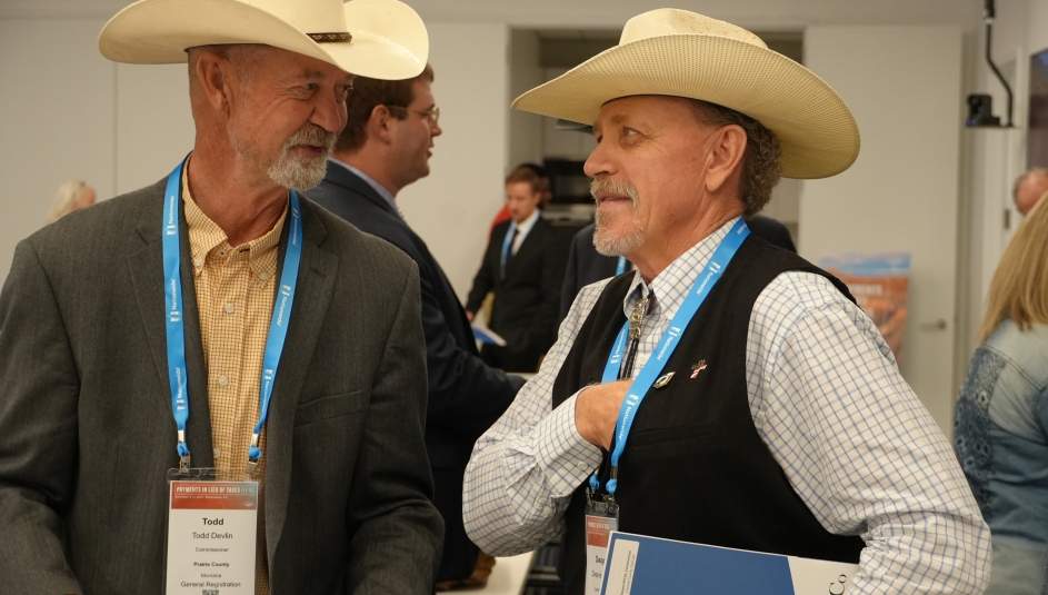 Prairie County, Mont. Commissioner Todd Devlin and Fremont County, Colo. Commissioner Dwayne McFall prepare for their Capitol Hill visits during the PILT Fly-In Sept. 10. McFall is the Western Interstate Region first vice president. Photo by Charlie Ban