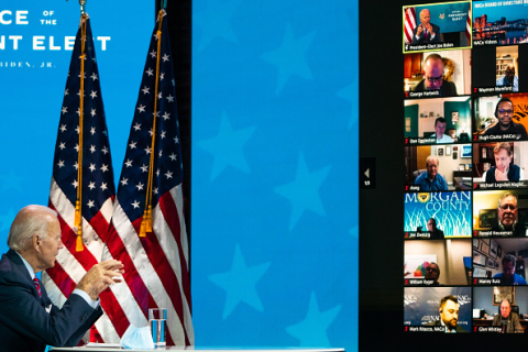 During the COVID pandemic, President-elect Joe Biden addresses the NACo Board of Directors remotely in December 2020 from the Queen Theater in New Castle County, Del. Photo by Demetrius Freeman/The Washington Post