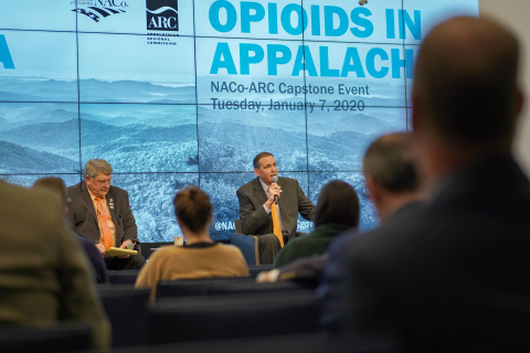 Mercer County, W. Va. Commissioner Greg Puckett (right) and Clinton County, Pa. Commissioner Jeff Snyder discuss county strategies for combating opioid addiction in January 2020. 