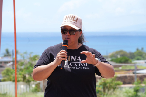 Carolyn Auweloa, director of operations for the Lahaina Community Land Trust, describes the scope of her organization’s work preserving local land ownership. Photo by Charlie Ban